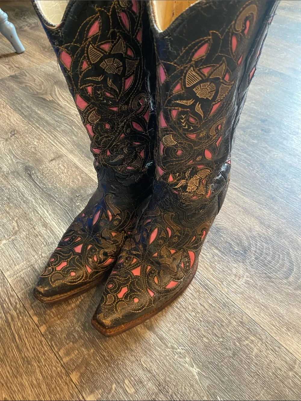 Women's Black Leather Cowboy Boots with Pink Embroidered Insets - Picture 12 of 16